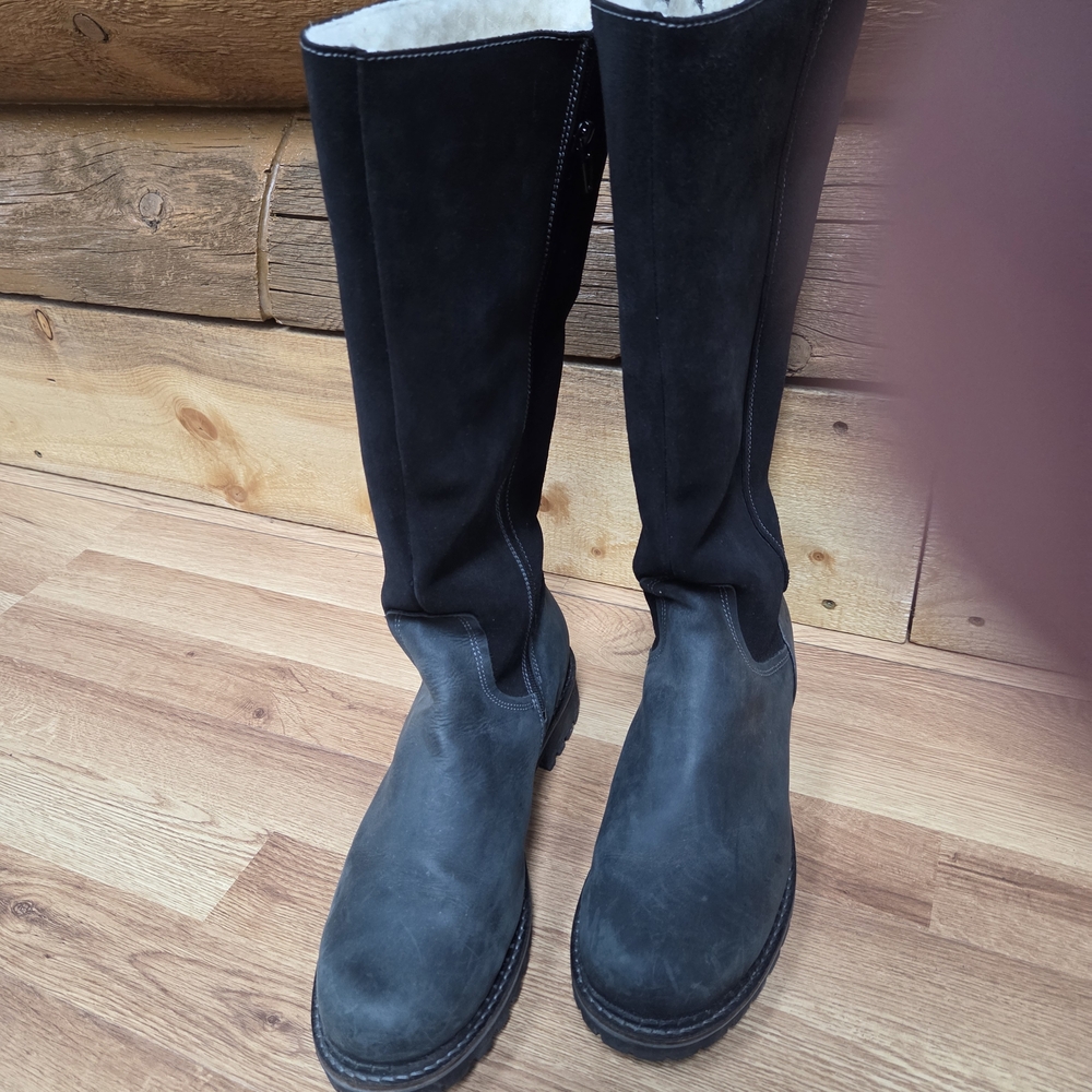 Bos. & Co. Hudson Boots Size 42 Black Suede And Leather Cream Wool Lining